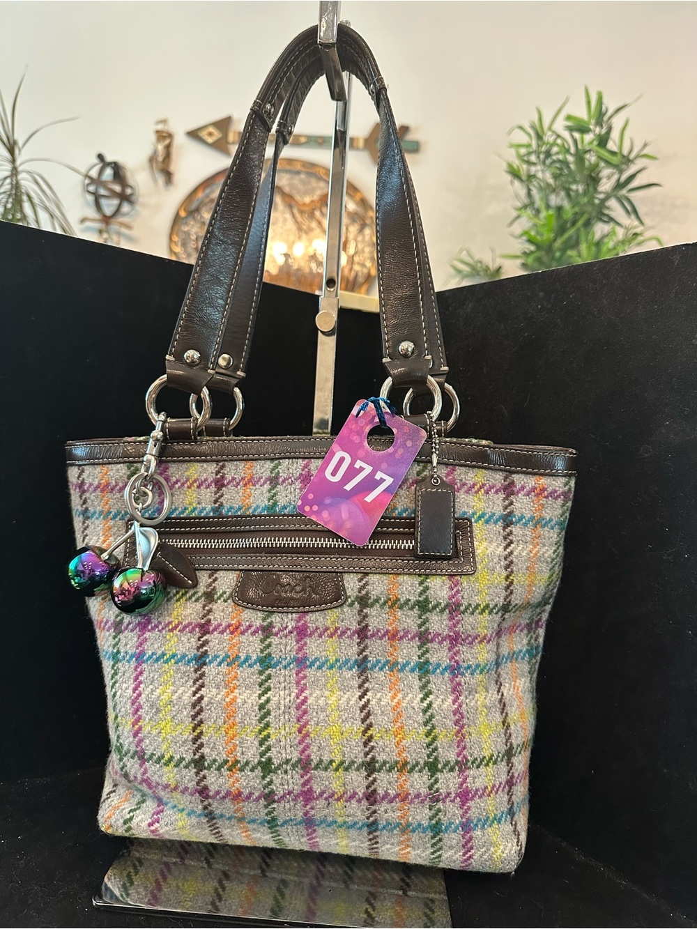 Coach #077 Penelope Tattersall Multicolor Plaid Wool Tote Bag